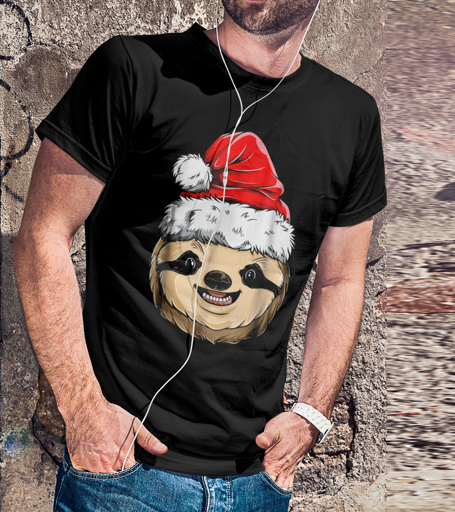 Sloth Santa Christmas Hat Cheerful Face T-Shirt