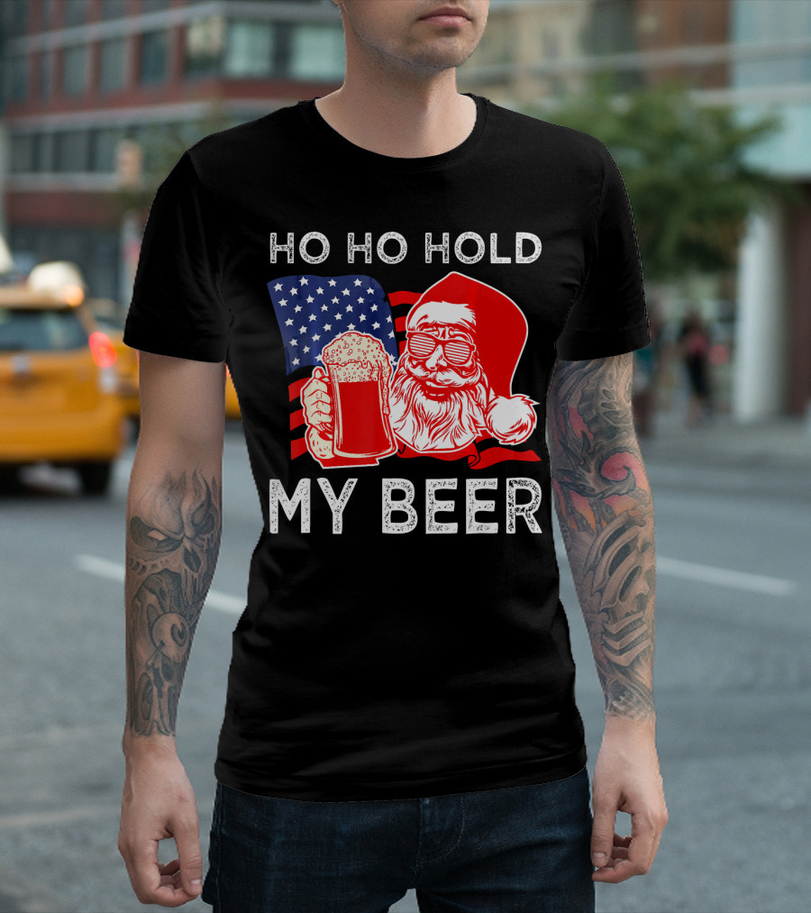 Ho Ho Hold My Beer Santa American Flag T-Shirt