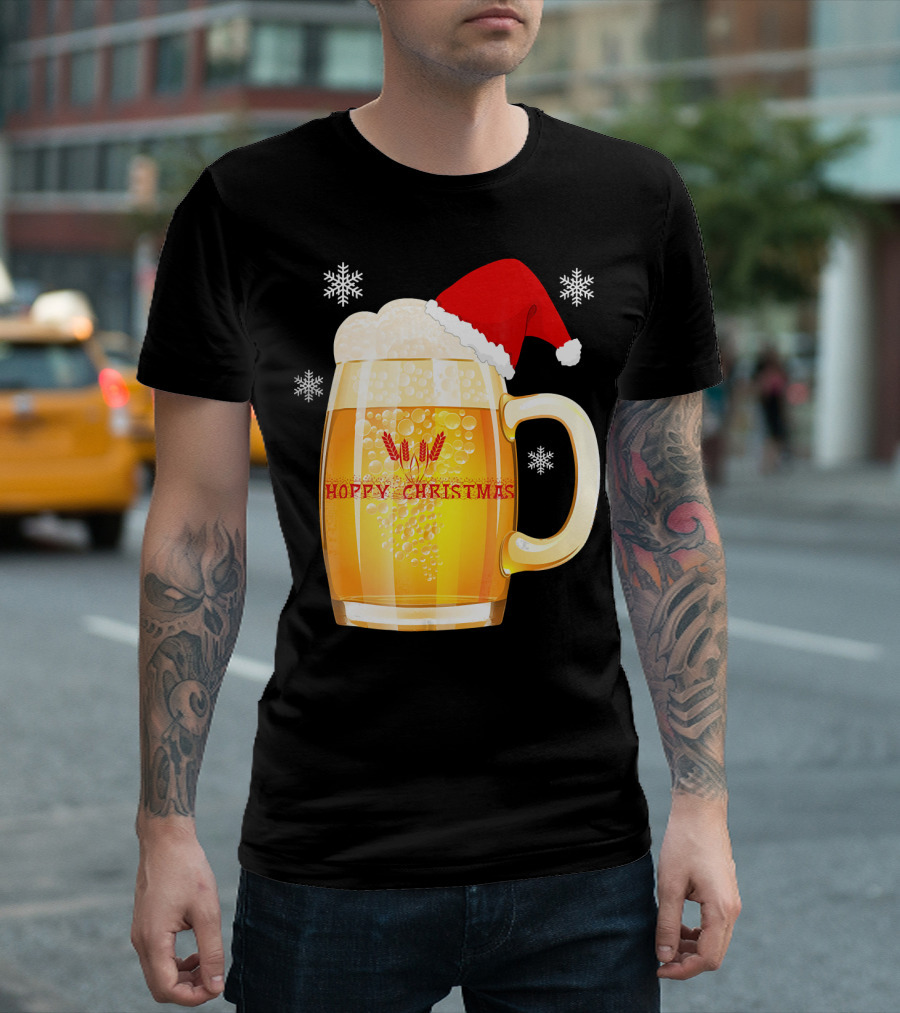 Hoppy Christmas Beer Santa Mug with Snowflakes T-Shirt