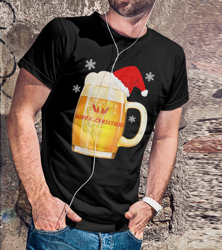 Hoppy Christmas Beer Santa Mug With Snowflakes T-Shirt