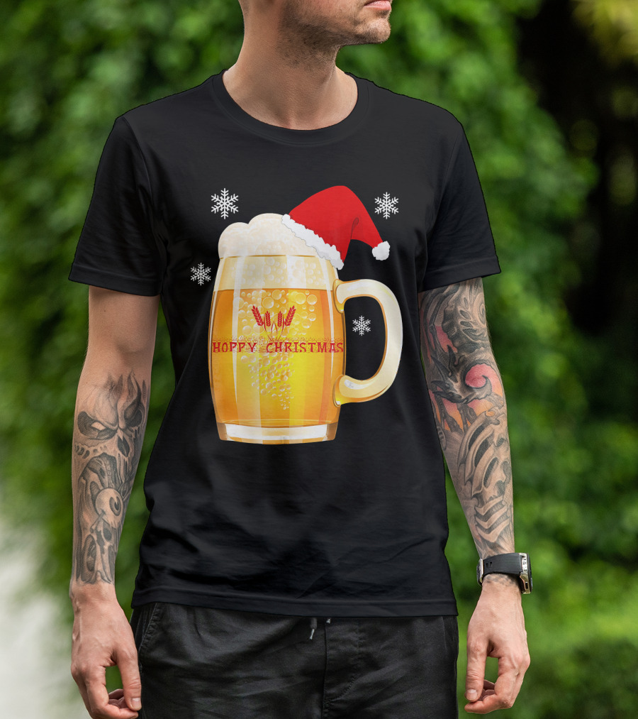 Hoppy Christmas Beer Santa Mug With Snowflakes T-Shirt