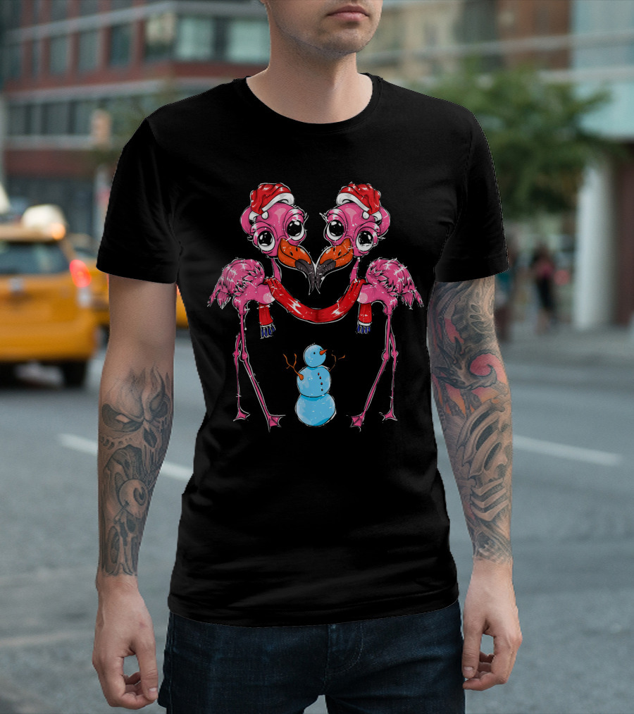 Snowman Xmas Santa Claus Hat Flamingo Chris T-Shirt