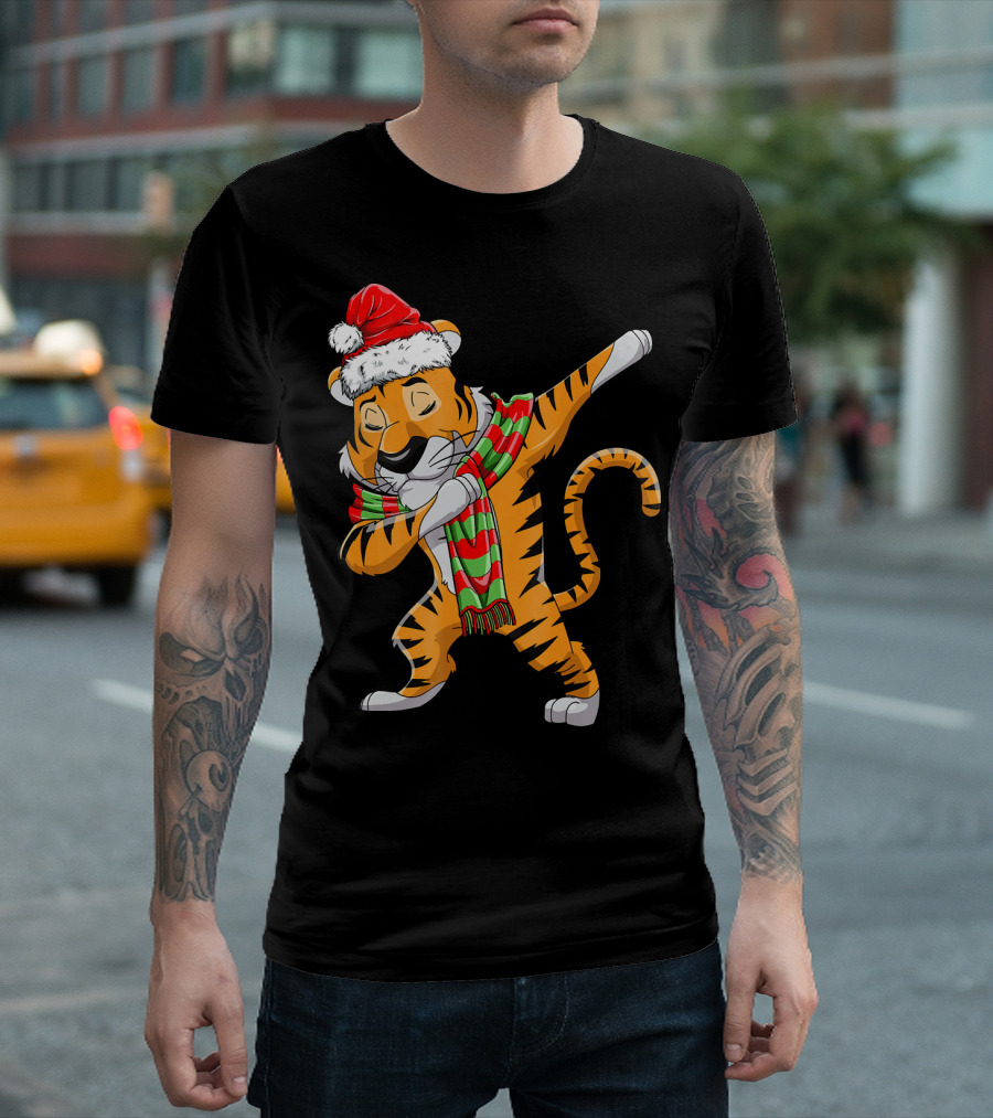 Dabbing Santa Tiger with Christmas Scarf T-Shirt