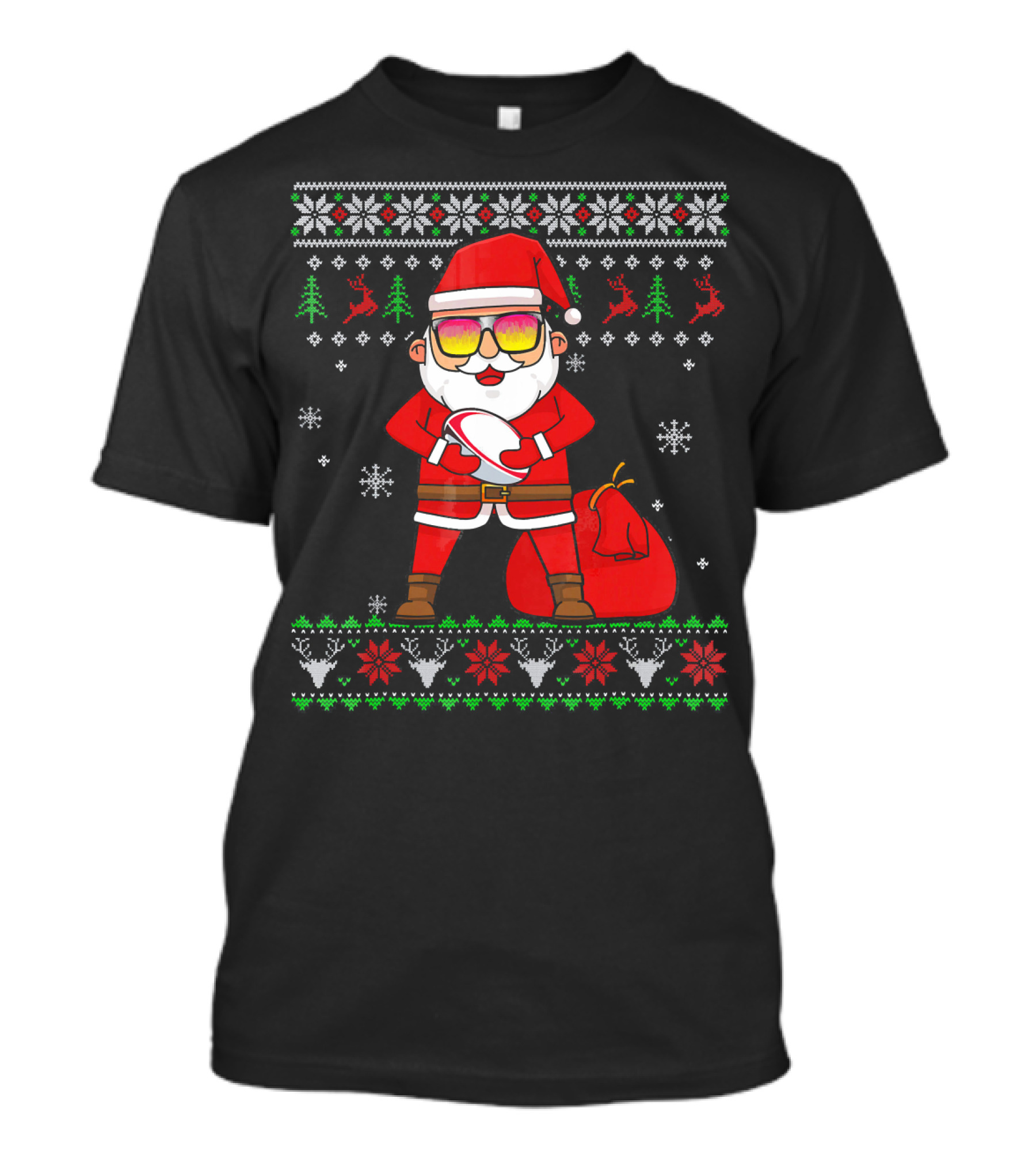 Rugby Ugly Christmas Santa Claus With Sunglasses Snowflakes Reindeer T-Shirt