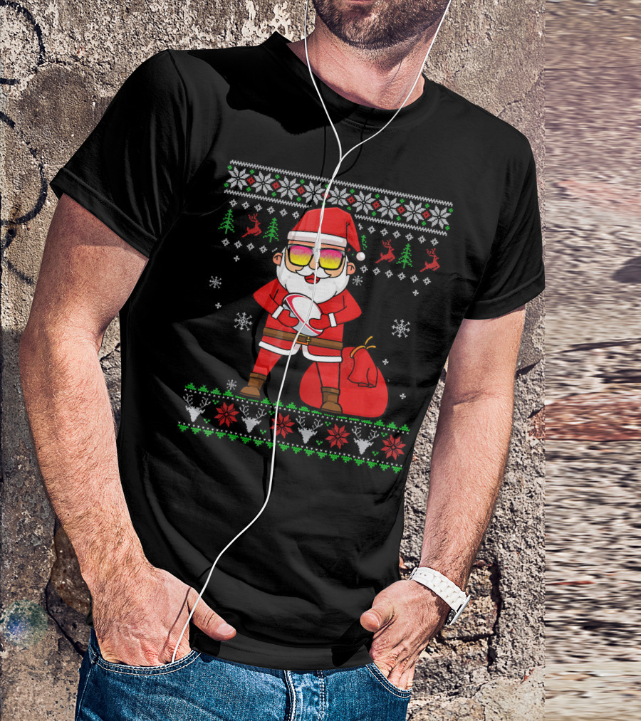 Rugby Ugly Christmas Santa Claus With Sunglasses Snowflakes Reindeer T-Shirt