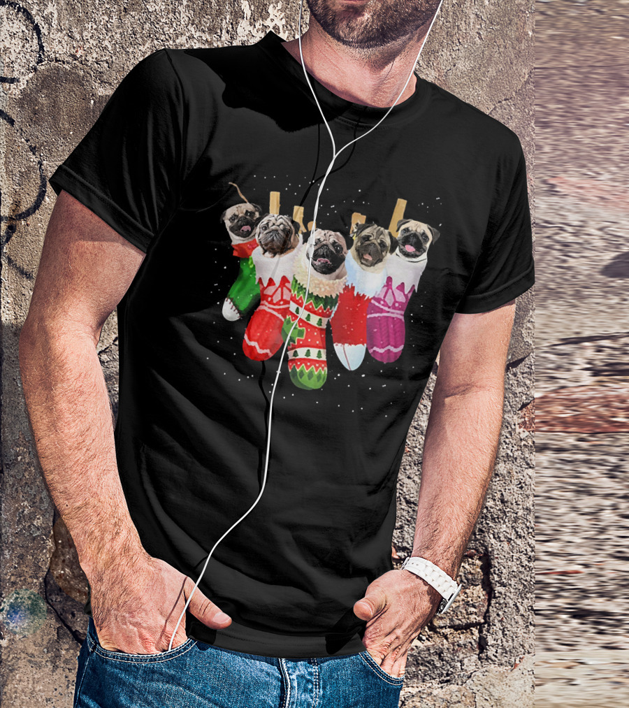 Pug Heads In Colorful Christmas Stockings With Snowflakes T-Shirt