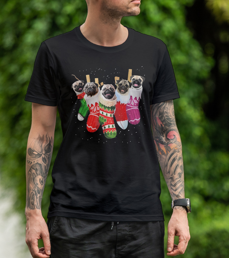 Pug Heads In Colorful Christmas Stockings With Snowflakes T-Shirt