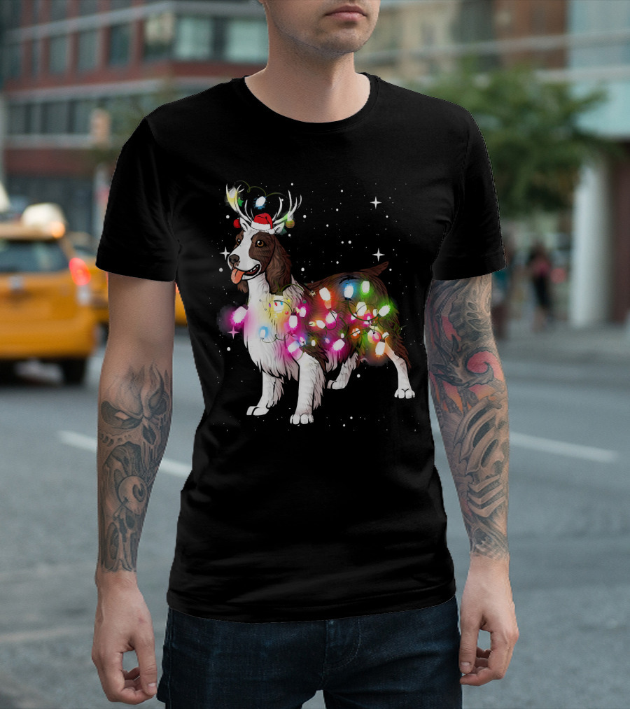 Christmas Lights English Springer Spaniel with Reindeer Antlers and Santa Hat T-Shirt