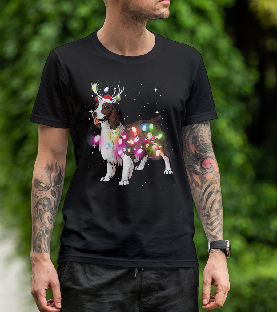 Christmas Lights English Springer Spaniel With Reindeer Antlers And Santa Hat T-Shirt
