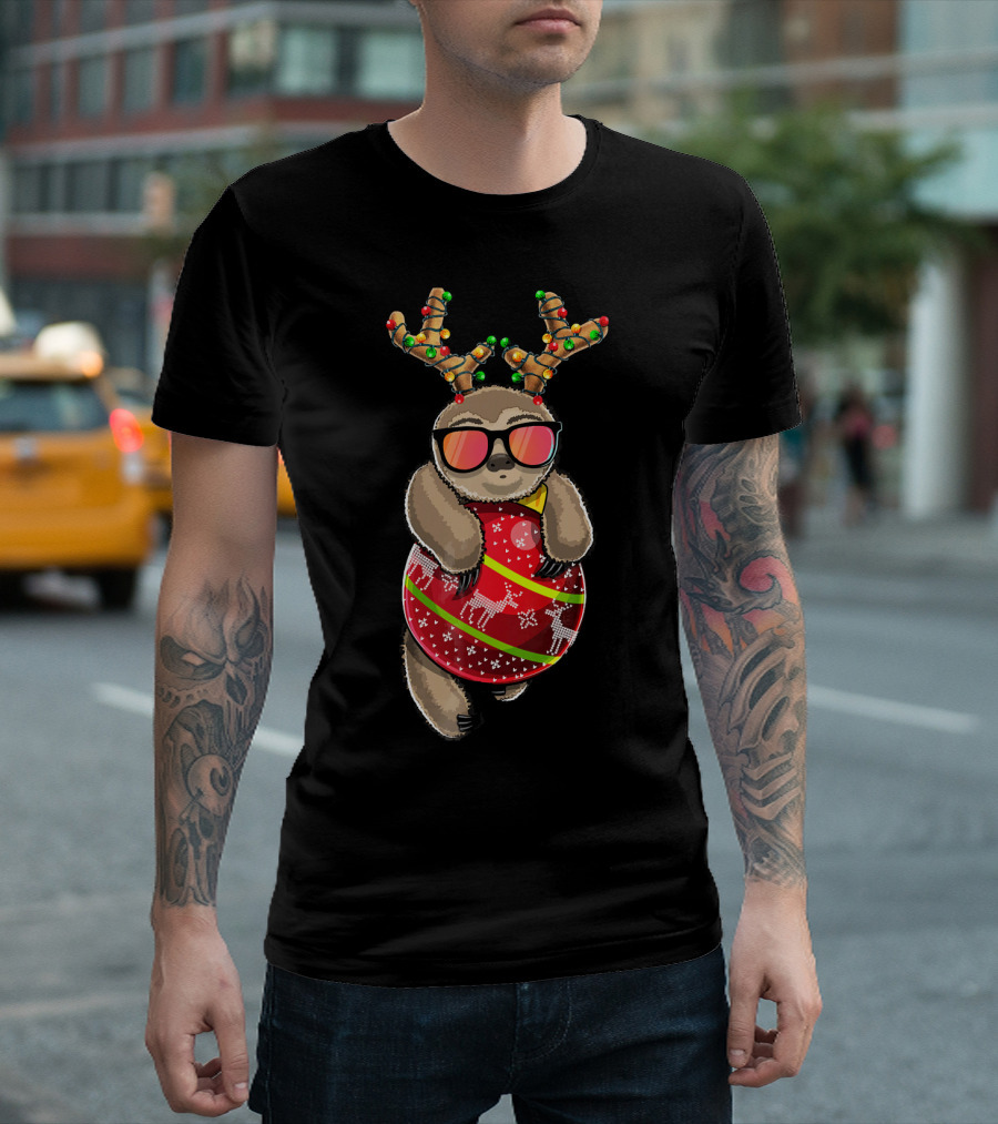 Christmas Sloth Reindeer Ornament Holiday Lights Festive Fashion T-Shirt