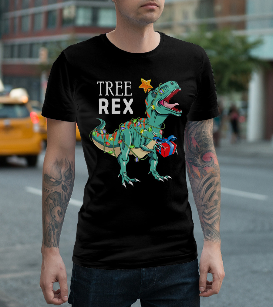 Tree Rex Dinosaur with Christmas Lights and Gift T-Shirt