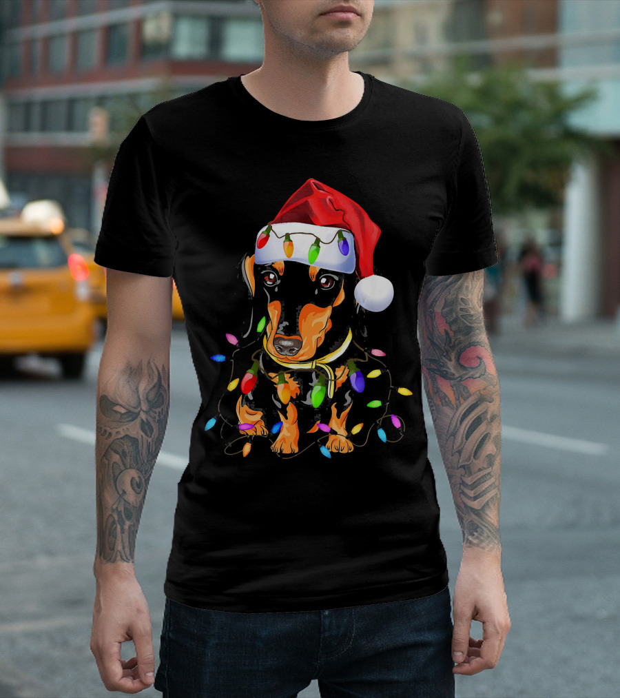 Dachshund Christmas Loves LED Lights Santa Hat T-Shirt