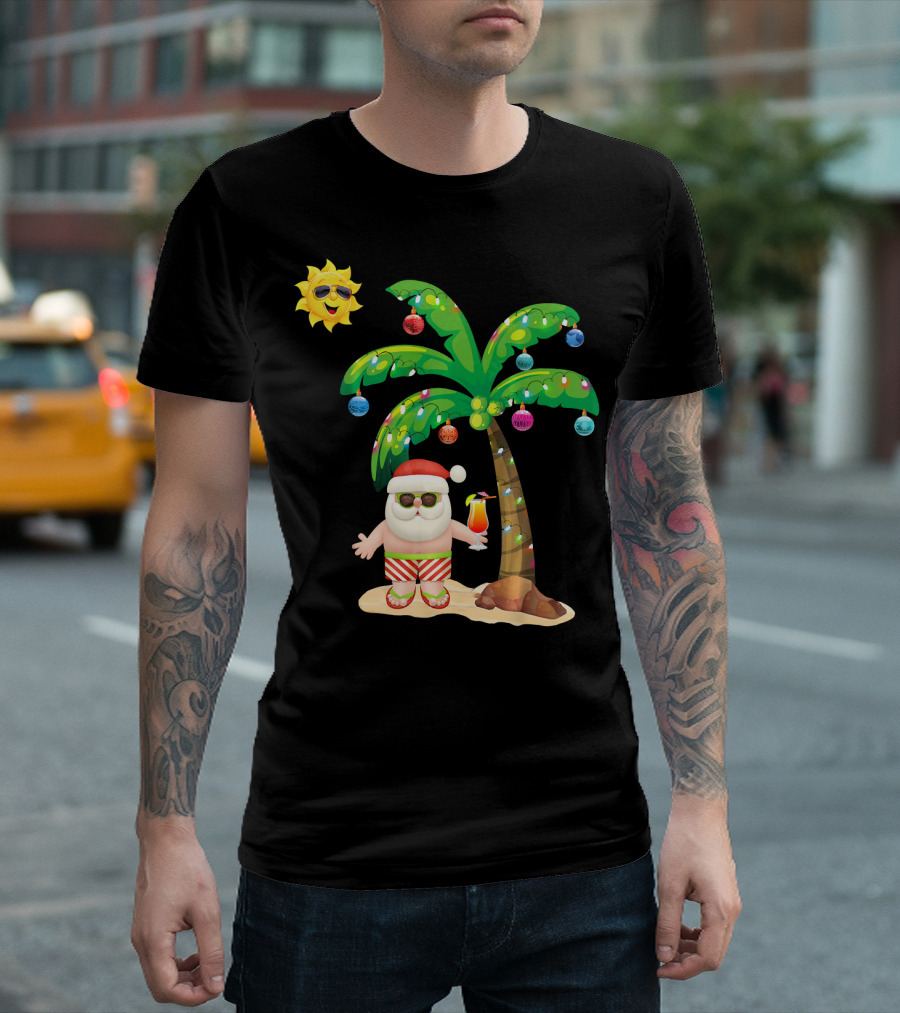 July Christmas Palm Tree Santa With Sunglasses And Cocktail T-Shirt