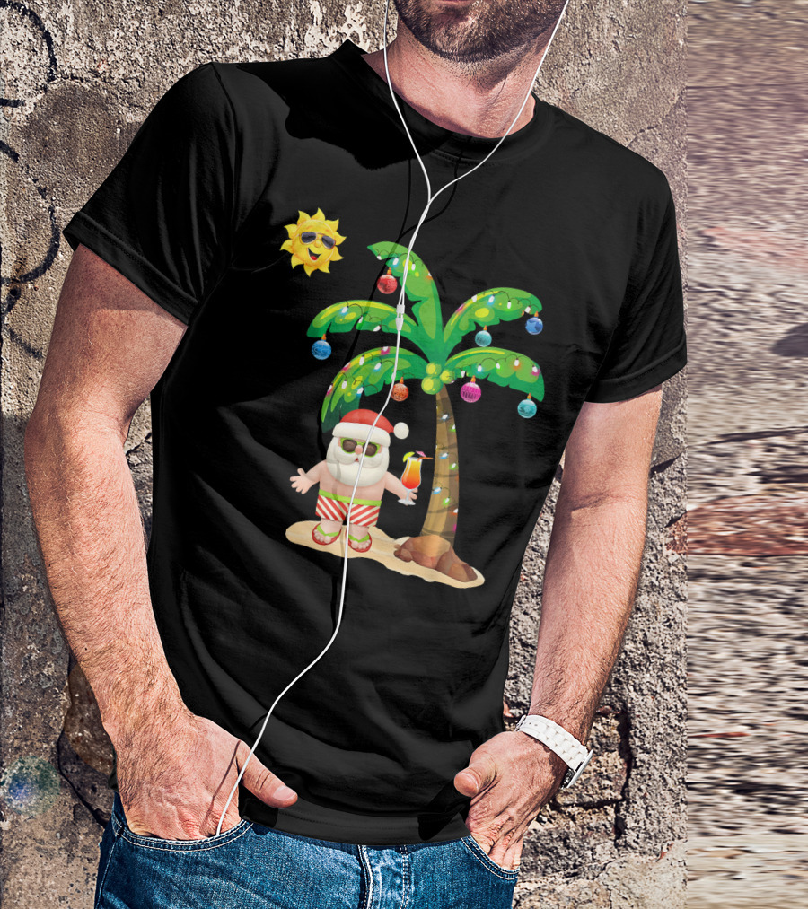 July Christmas Palm Tree Santa With Sunglasses And Cocktail T-Shirt