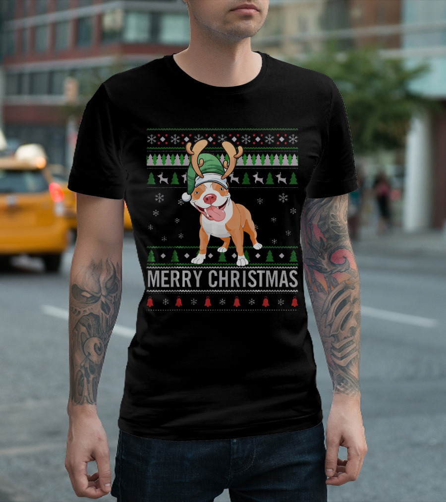 Merry Christmas Pitbull Dog Reindeer Antlers Festive T-Shirt