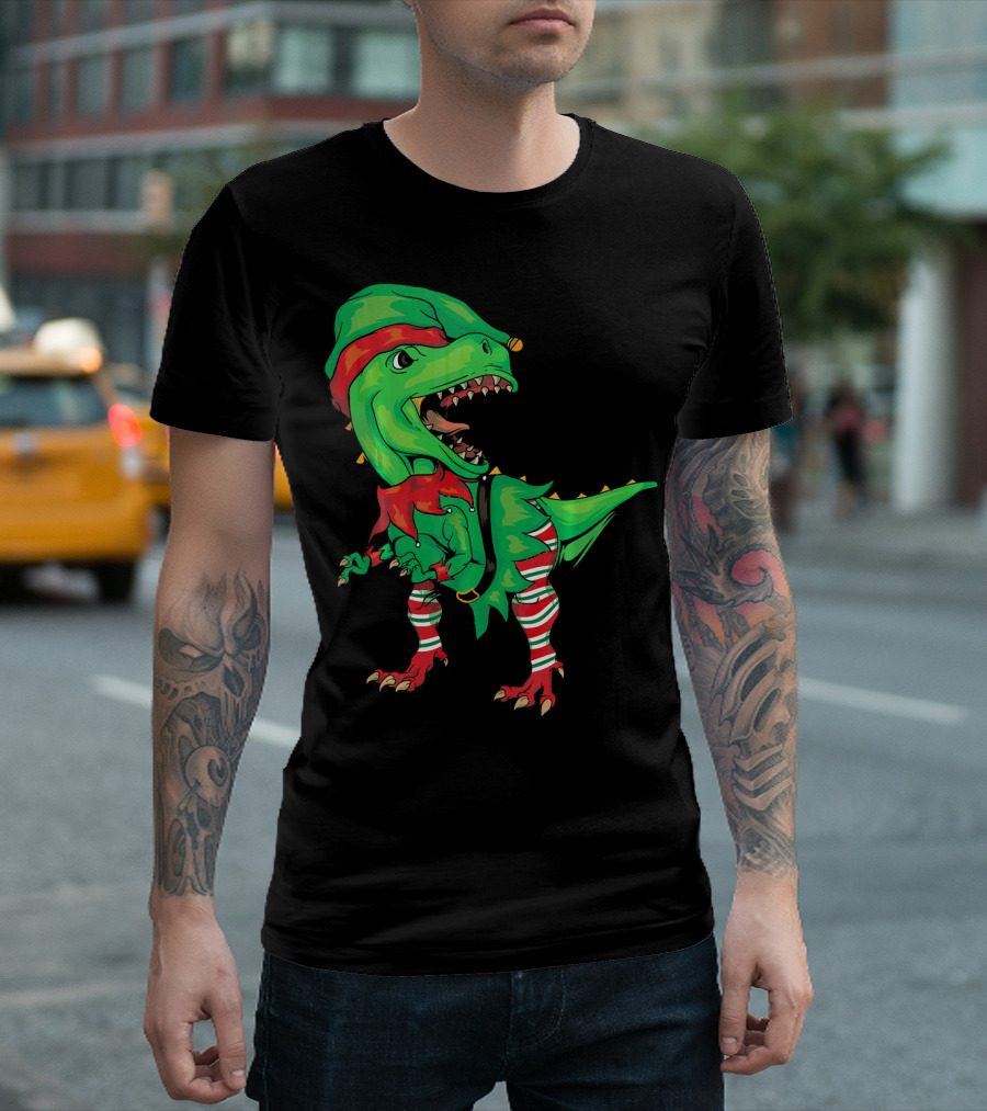 Christmas Dinosaur in Elf Costume T-Shirt