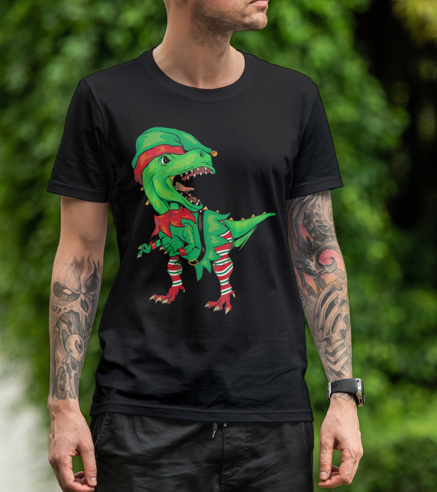 Christmas Dinosaur In Elf Costume T-Shirt
