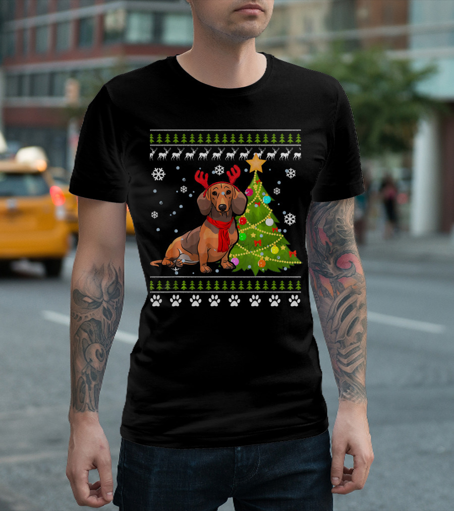 Dachshund Ugly Christmas Reindeer Antlers Christmas Tree Snowflakes T-Shirt