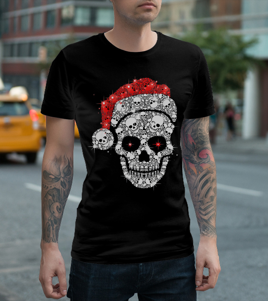 Shiny Skull Rhinestone Santa Hat Christmas Skulls T-Shirt