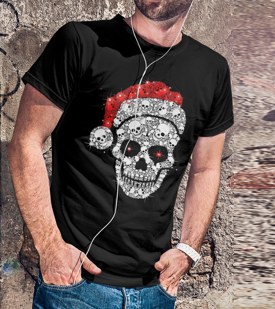 Shiny Skull Rhinestone Santa Hat Christmas Skulls T-Shirt