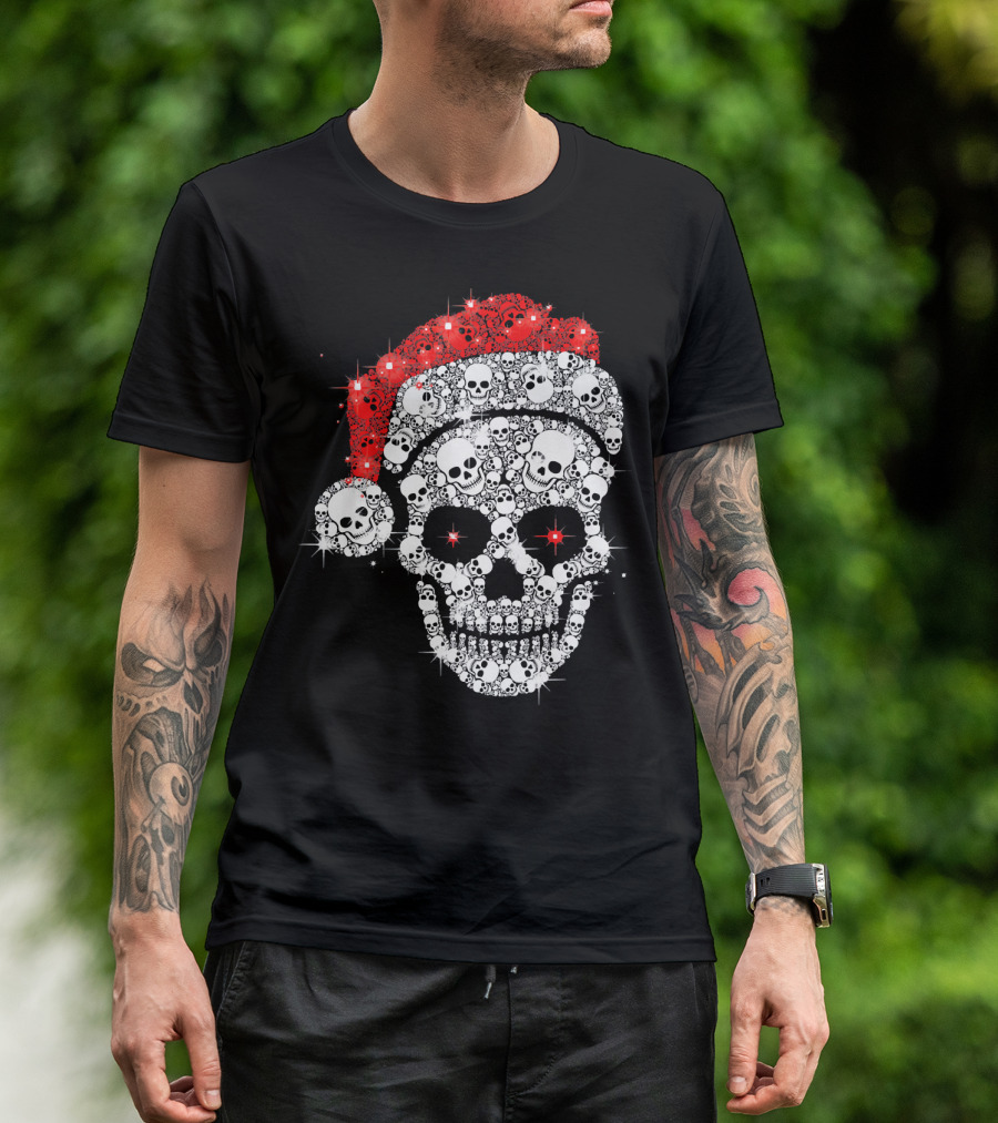 Shiny Skull Rhinestone Santa Hat Christmas Skulls T-Shirt
