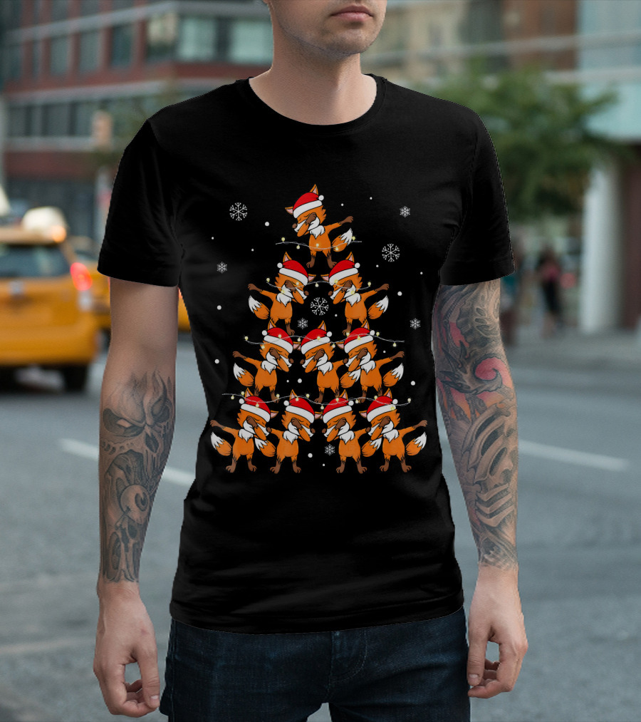 Dabbing Foxes Christmas Tree with Santa Hats and Snowflakes T-Shirt