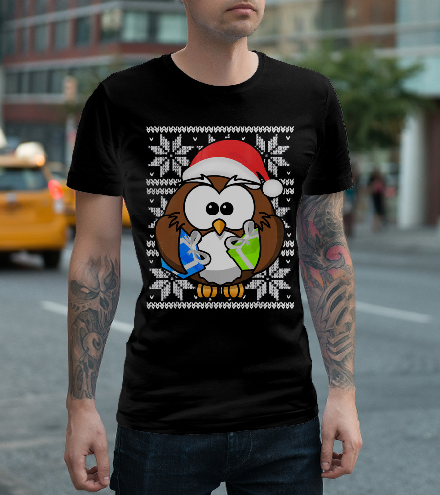 UGLY CHRISTMAS Holiday Owl With Santa Hat And Gifts T-Shirt