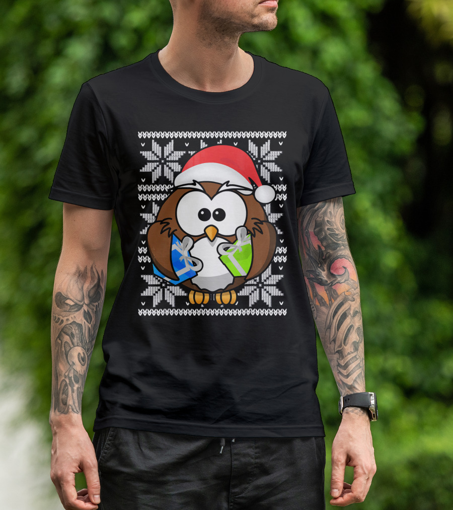 UGLY CHRISTMAS Holiday Owl With Santa Hat And Gifts T-Shirt