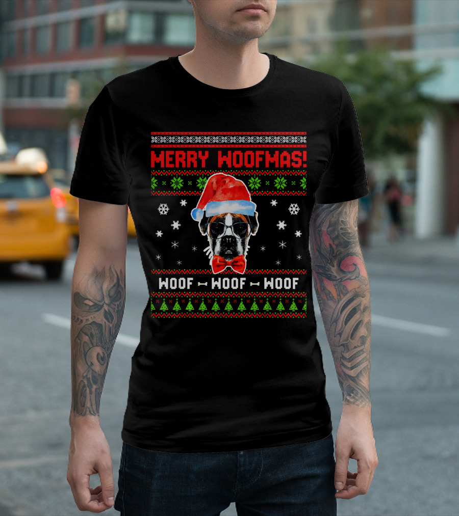 Merry Woofmas Boxer Dog Santa Hat Woof Woof Woof T-Shirt