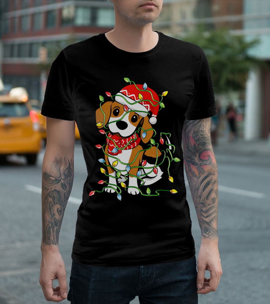 Beagle Wrapped in Christmas Lights Wearing Santa Hat T-Shirt