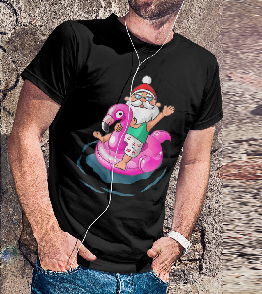 Christmas In July Santa Riding Flamingo Float In Hawaiian Shorts T-Shirt