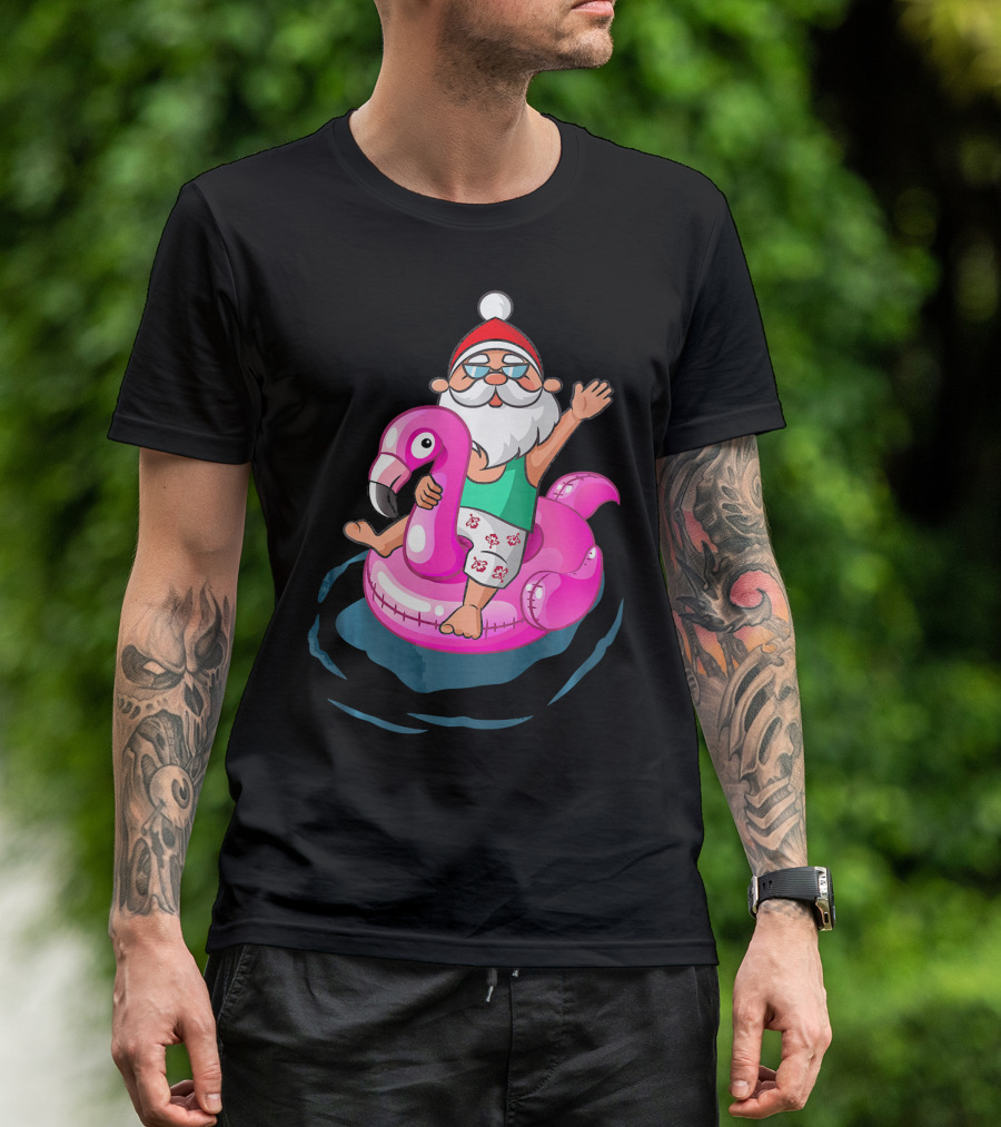 Christmas In July Santa Riding Flamingo Float In Hawaiian Shorts T-Shirt