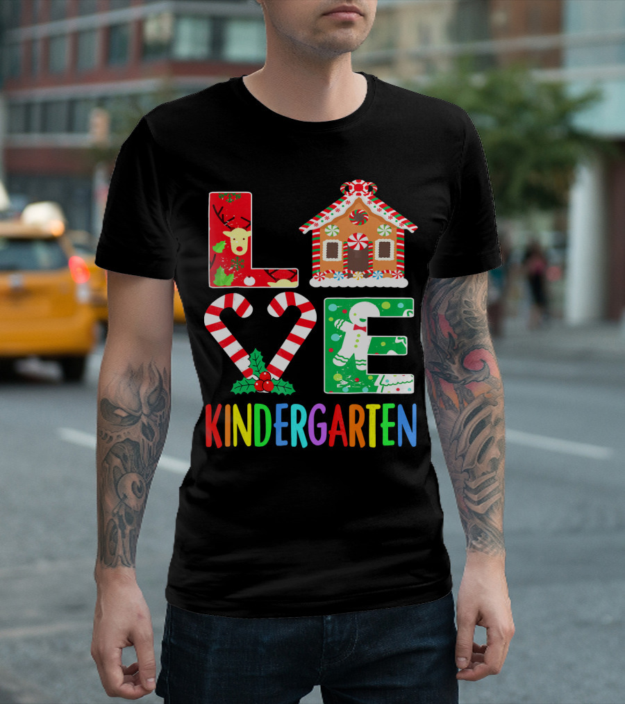 LOVE Kindergarten Christmas Reindeer Gingerbread Candy Cane T-Shirt