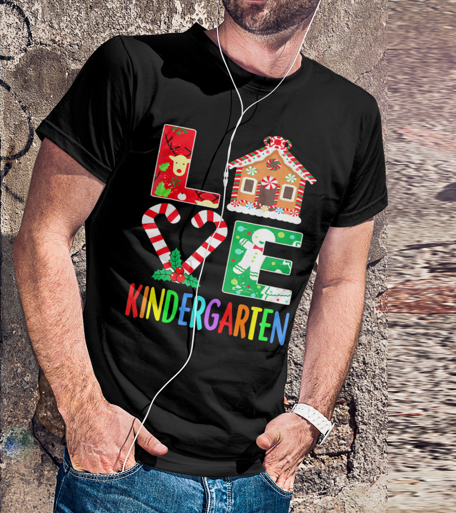 LOVE Kindergarten Christmas Reindeer Gingerbread Candy Cane T-Shirt