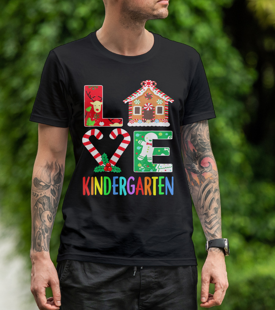 LOVE Kindergarten Christmas Reindeer Gingerbread Candy Cane T-Shirt