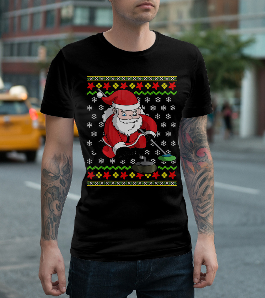 Santa Curling Ugly Christmas Sweater Snowflakes T-Shirt