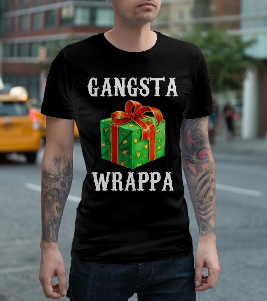 Gangsta Wrappa Green Gift Box with Red Ribbon and Yellow Stars Holiday T-Shirt