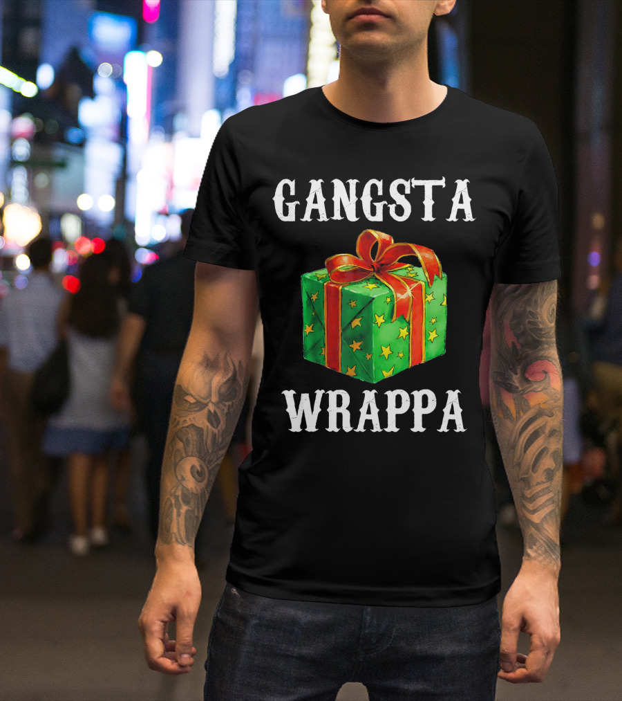 Gangsta Wrappa Green Gift Box With Red Ribbon And Yellow Stars Holiday T-Shirt