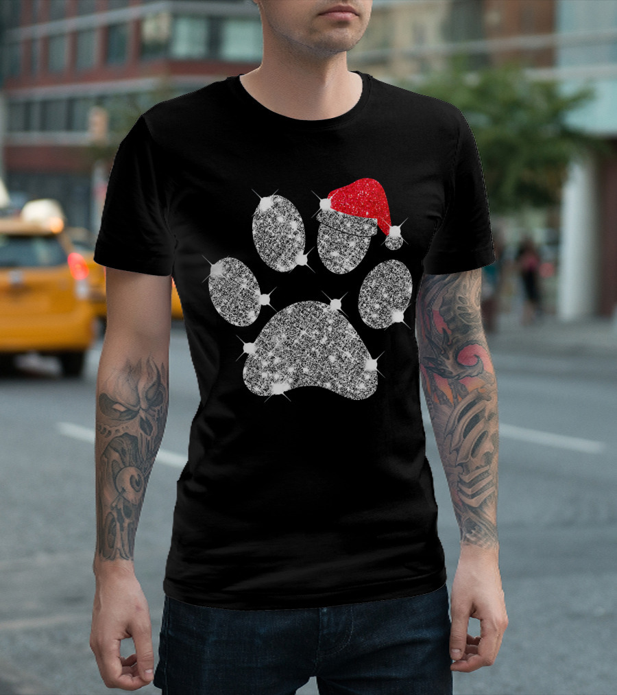 Merry Christmas Paw Santa Hat Sparkle T-Shirt
