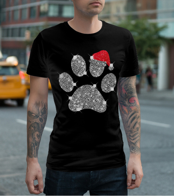 Merry Christmas Paw Santa Hat Sparkle T-Shirt