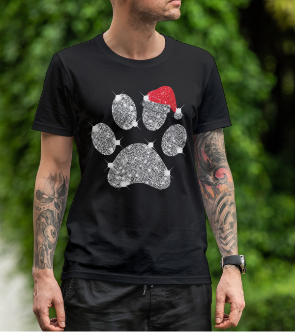 Merry Christmas Paw Santa Hat Sparkle T-Shirt