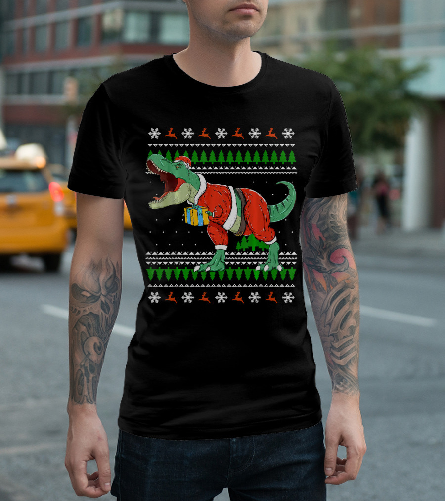 Funny TRex Dino Christmas Santa Holding Gift in Ugly T-Shirt