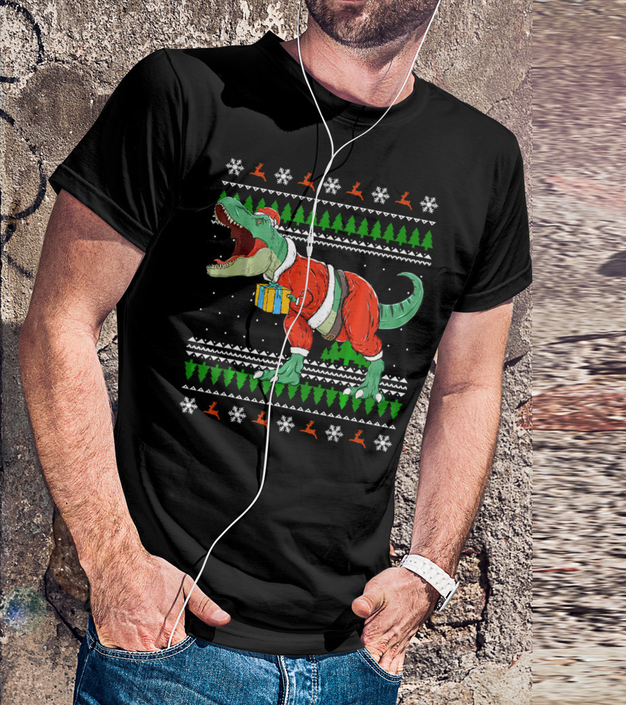 Funny TRex Dino Christmas Santa Holding Gift In Ugly T-Shirt