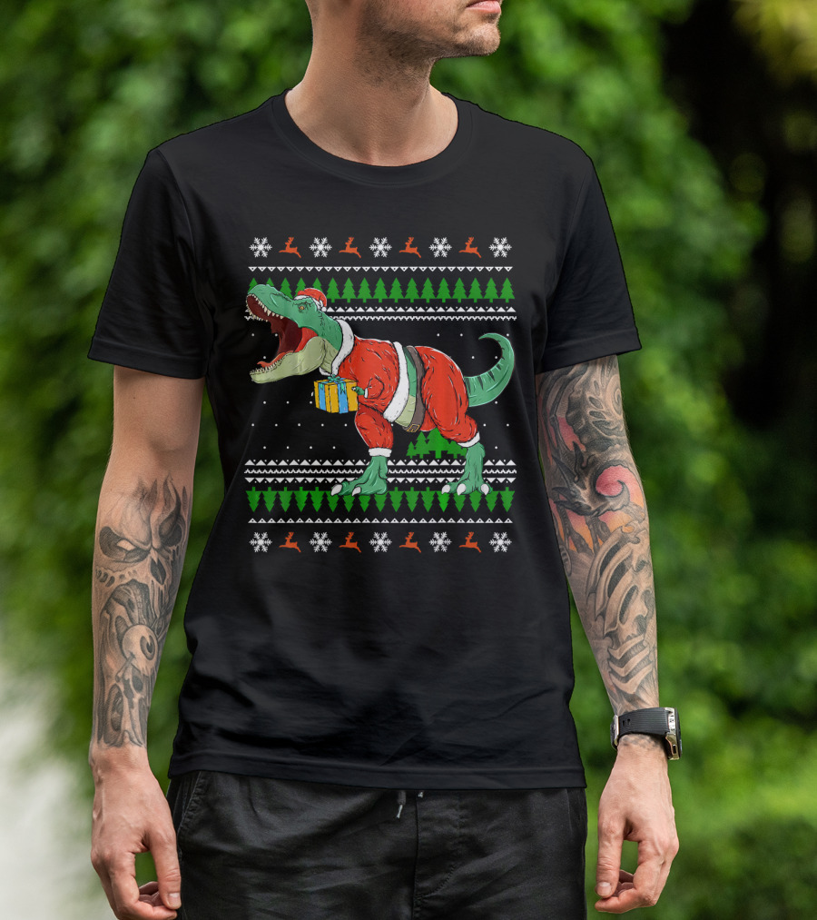 Funny TRex Dino Christmas Santa Holding Gift In Ugly T-Shirt