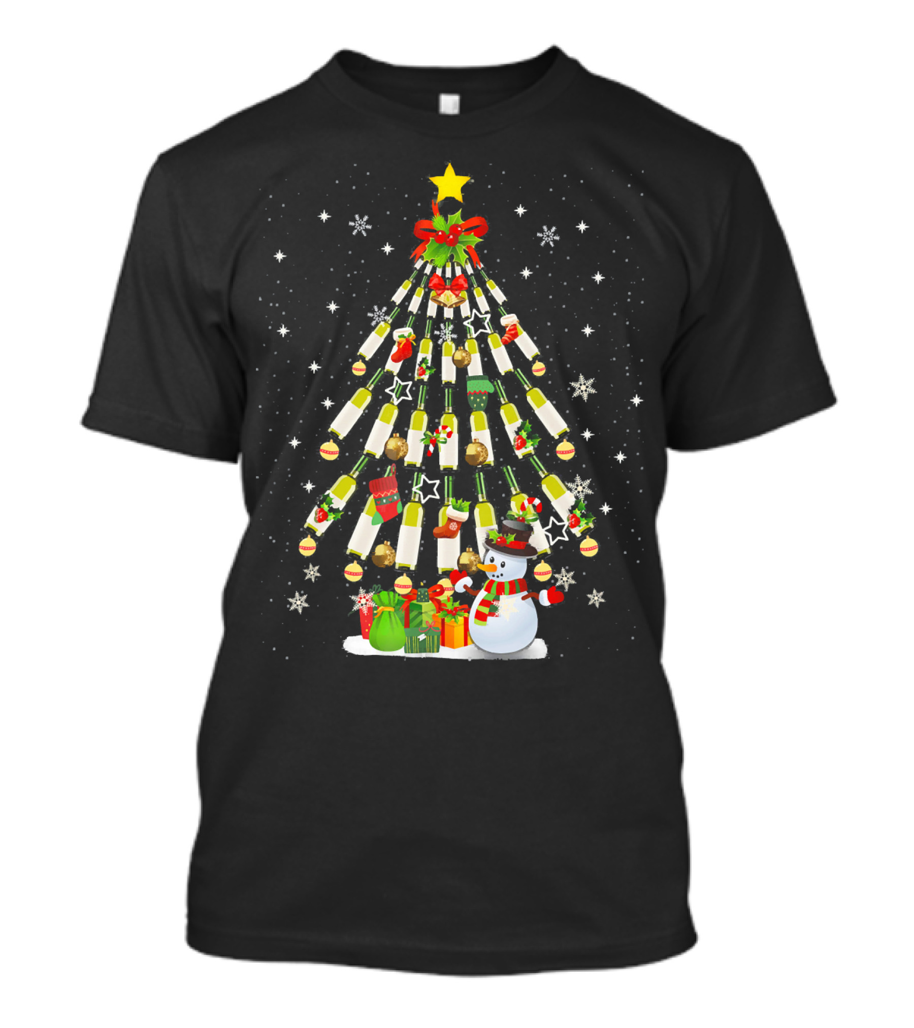 Christmas Wine Bottle Tree With Snowman And Gifts T-Shirt
