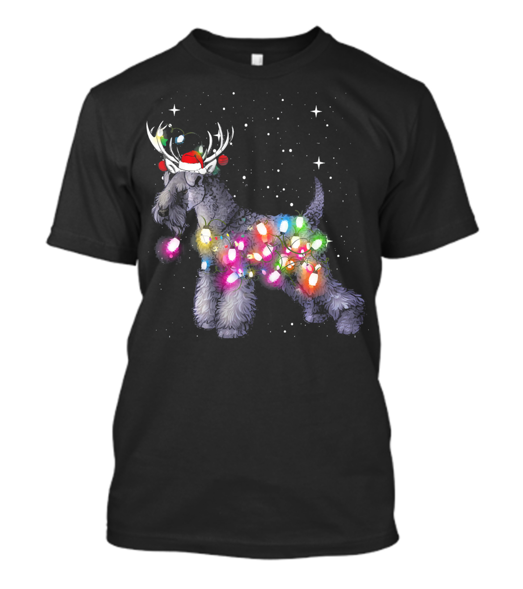 Christmas Lights Kerry Blue Terrier Dog With Santa Hat And Antlers T-Shirt
