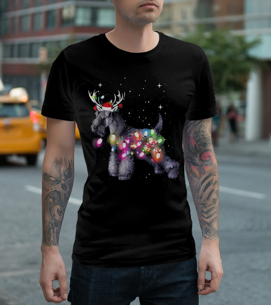 Christmas Lights Kerry Blue Terrier Dog With Santa Hat And Antlers T-Shirt