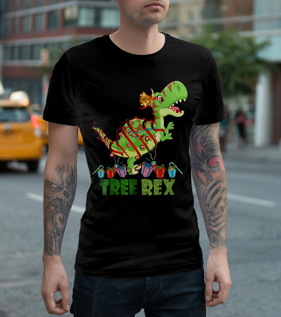 Tree Rex Funny Christmas Dinosaur with Wrapped Gifts T-Shirt