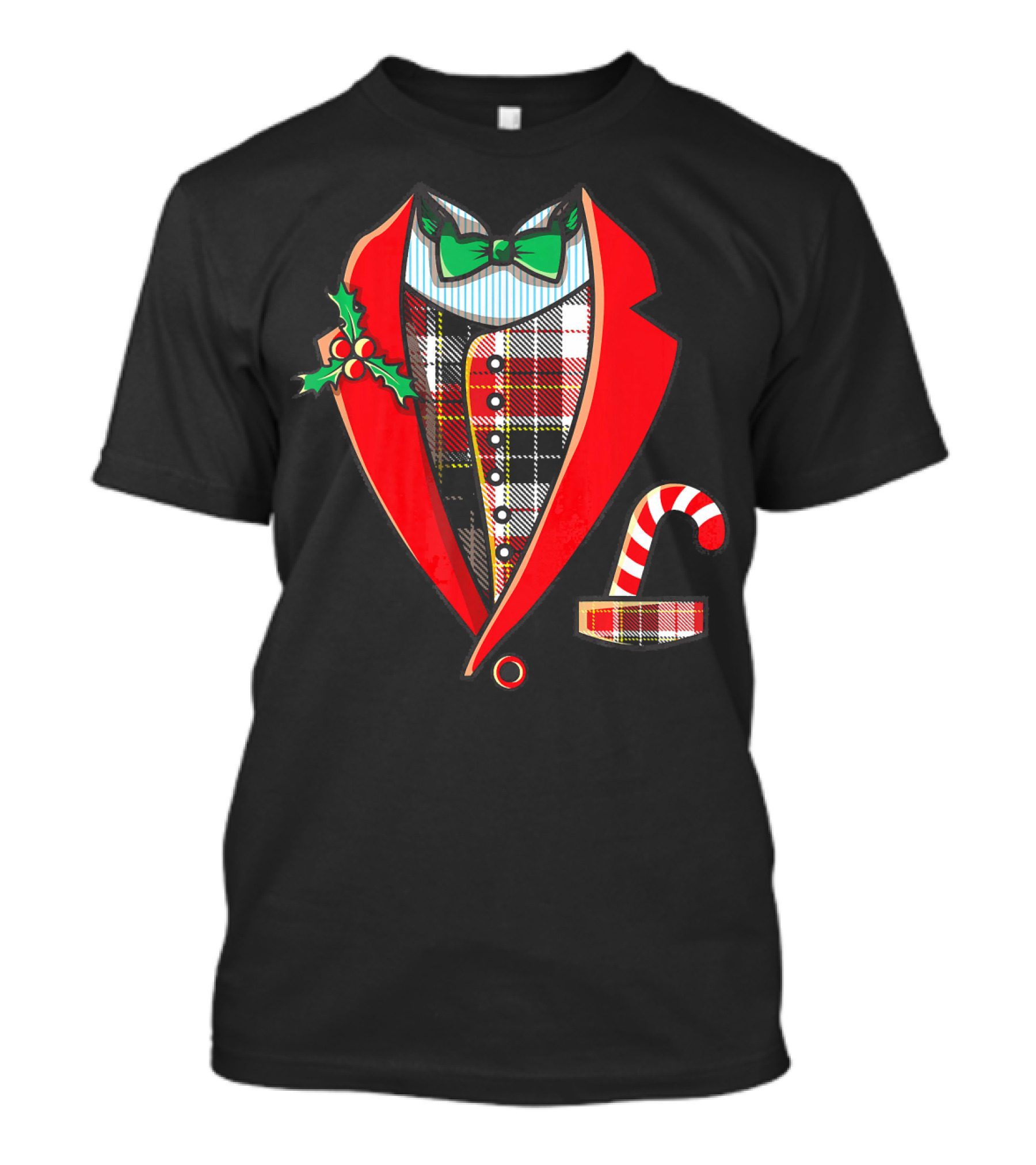 Christmas Tuxedo Plaid Suit Jacket With Green Bow Tie And Candy Cane T-Shirt