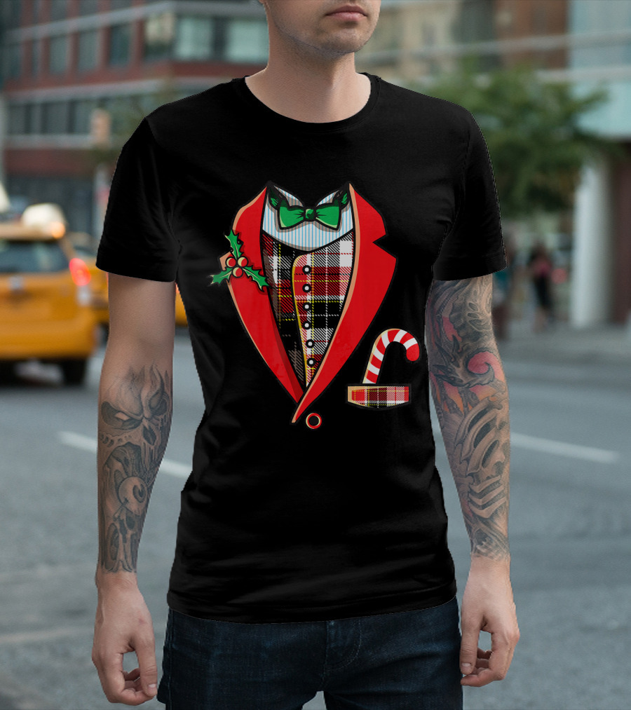 Christmas Tuxedo Plaid Suit Jacket with Green Bow Tie and Candy Cane T-Shirt